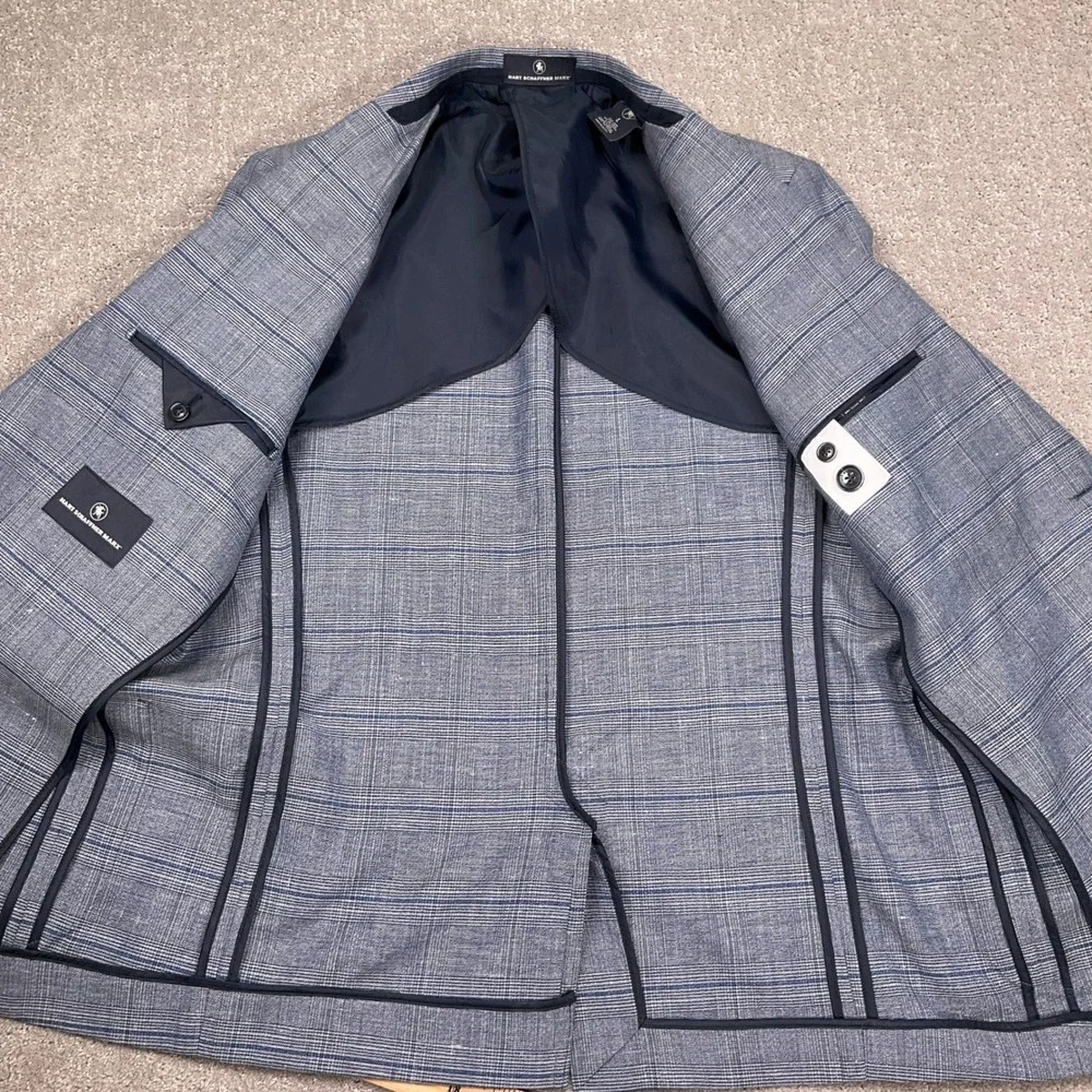 Hart Schaffner Marx Blazer Mens Large Blue Glen Plaid Surgeon Cuffs Linen Jacket